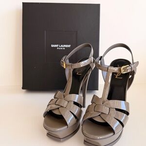 Yves Saint Laurent Patent Leather Platform Sandals in Taupe